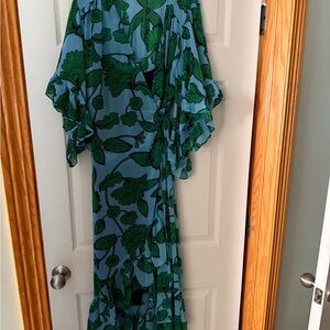 CAbi Derby Floral Green and Blue Wrap Dress